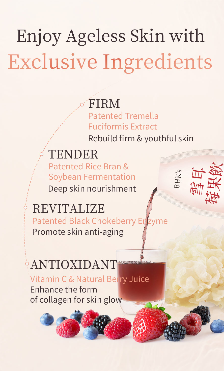 BHKs Tremella Fuciformis Drink contains patented tremella fuciformis extract and fermented black chokeberry juice that makes skin bouncy.