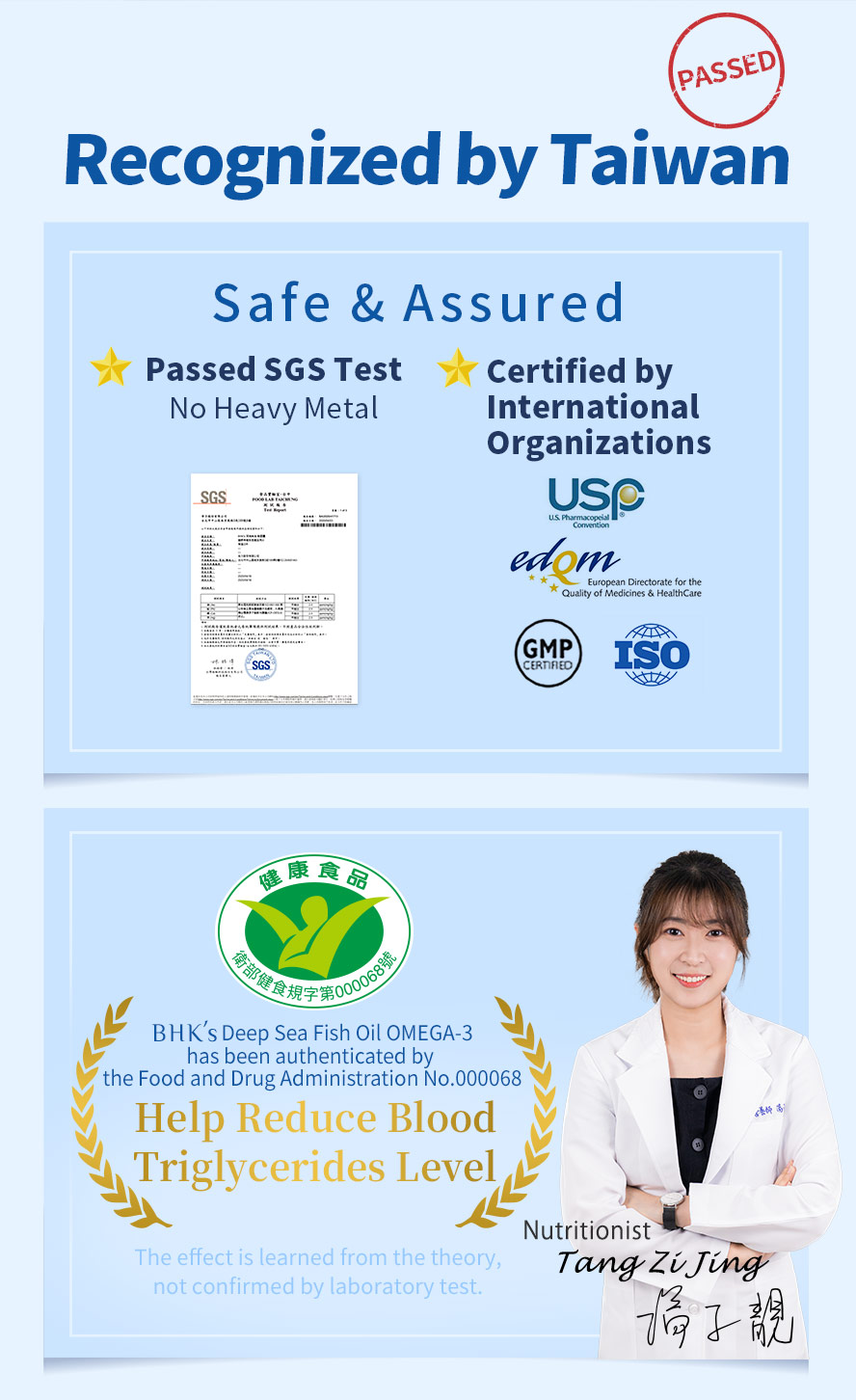 BHK's fish oil is accredited Health Foods by Taiwan FDA and can help reduce blood triglyceride levels.
