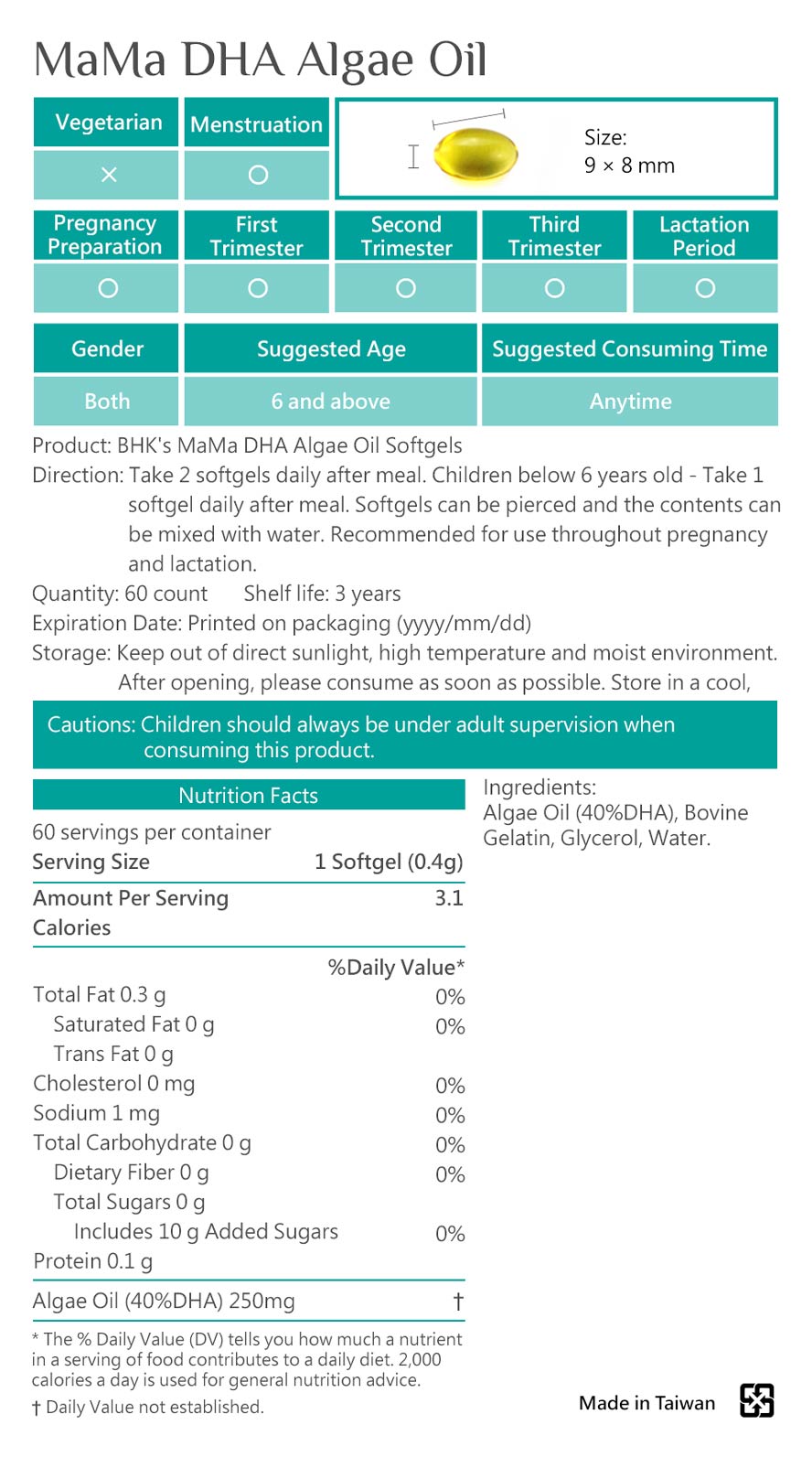 BHK MaMa DHA Algae oil is safe, no side effects, and made of natural ingredients.