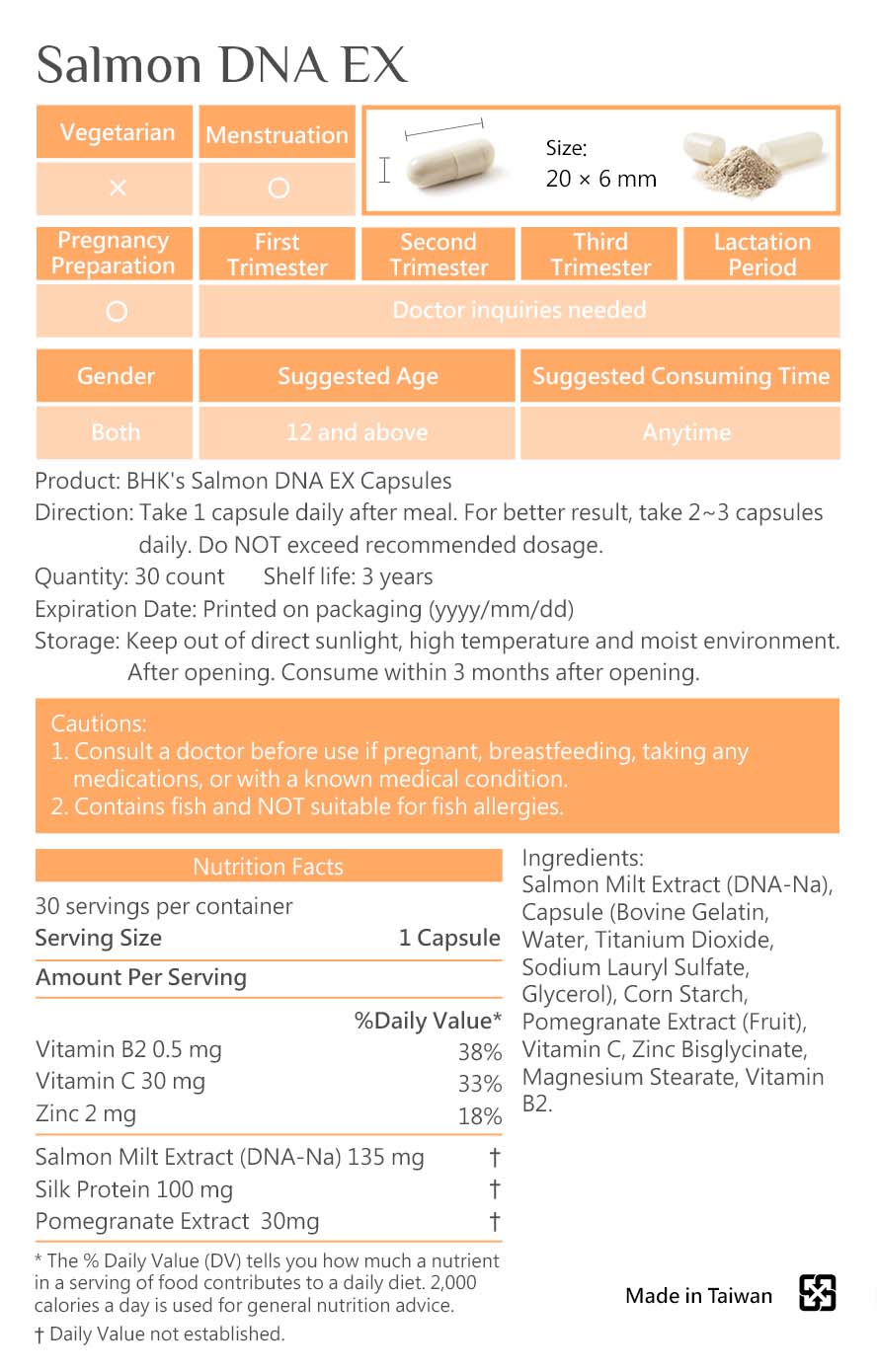 BHK's Salmon DNA Capsules has passed muliple safety tests, no medicine and no heavy metal, and has no side effect.