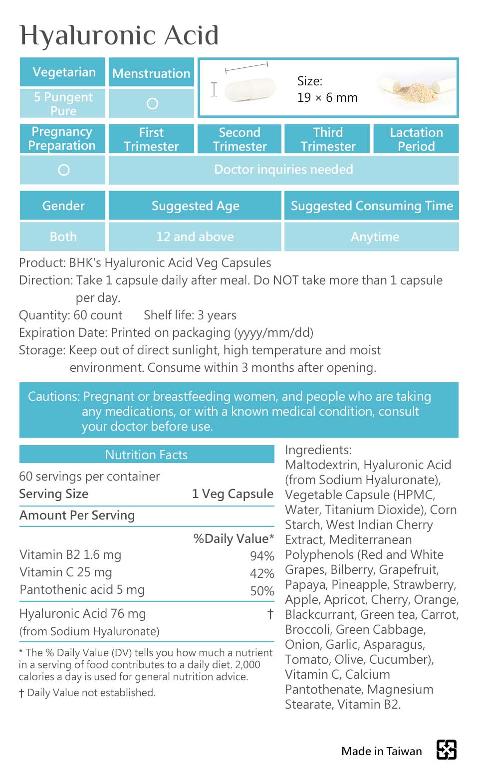 BHKs Hyaluronic-acid has passed muliple safety tests, no western medicine, no heavy metal, and no side effect.