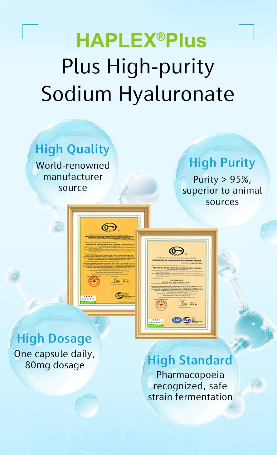 95% high-purity Sodium Hyaluronate, backed by multiple certifications and pharmacopoeia standards, ensures effective hydration.