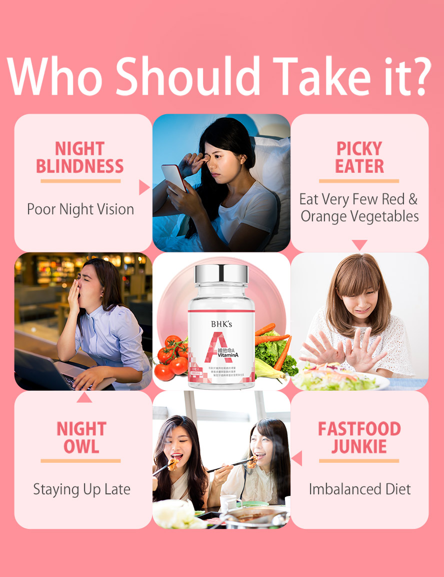 BHK vitamin A is suitable for someone has night blindness and dry eyes & skin.