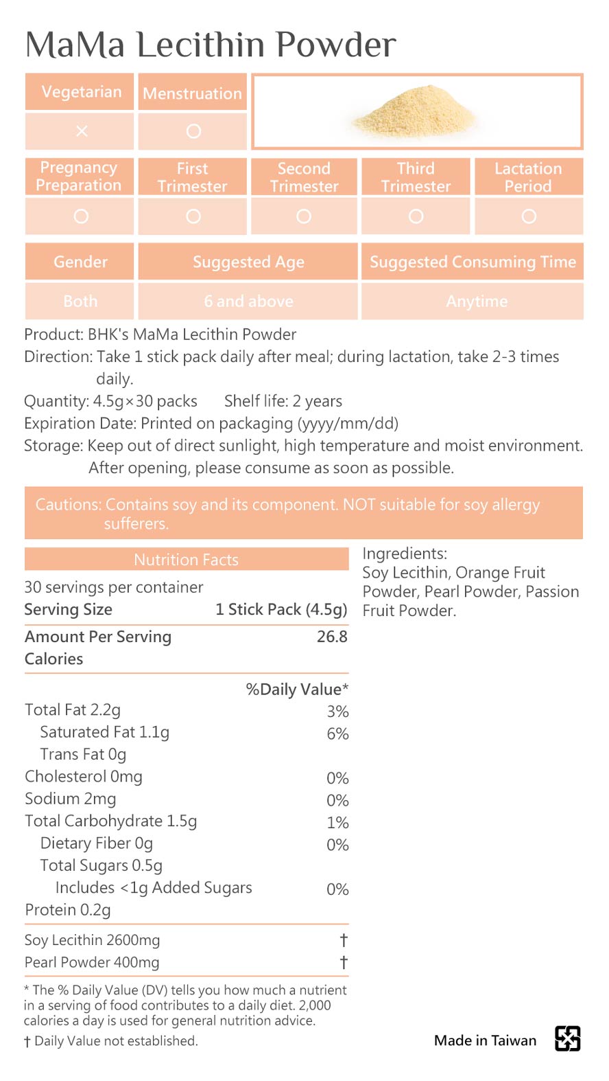 BHK's MaMa Lecithin Powder is safe, no medicine, and additive-free formulation for pregnant and breastfeeding women