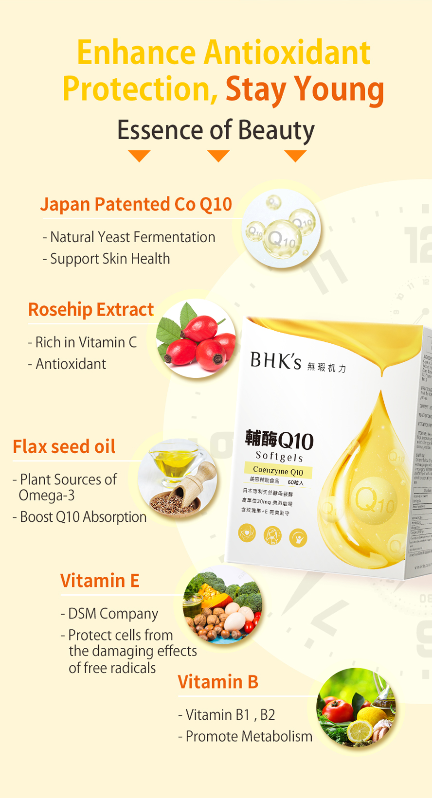 BHK's Q10+E use Japan patented Q10 , keep your skin young.