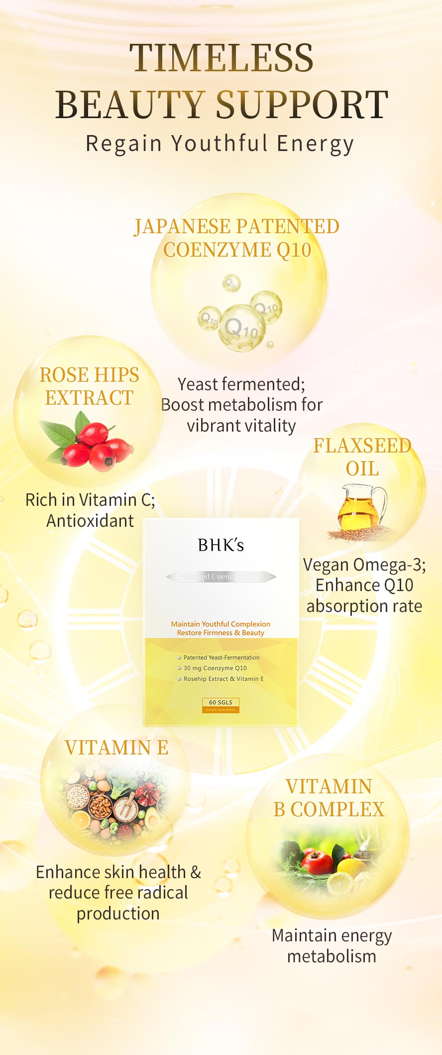 BHK's Q10+E uses Japanese CoQ10 and other complex ingredients to regain youthful body energy.