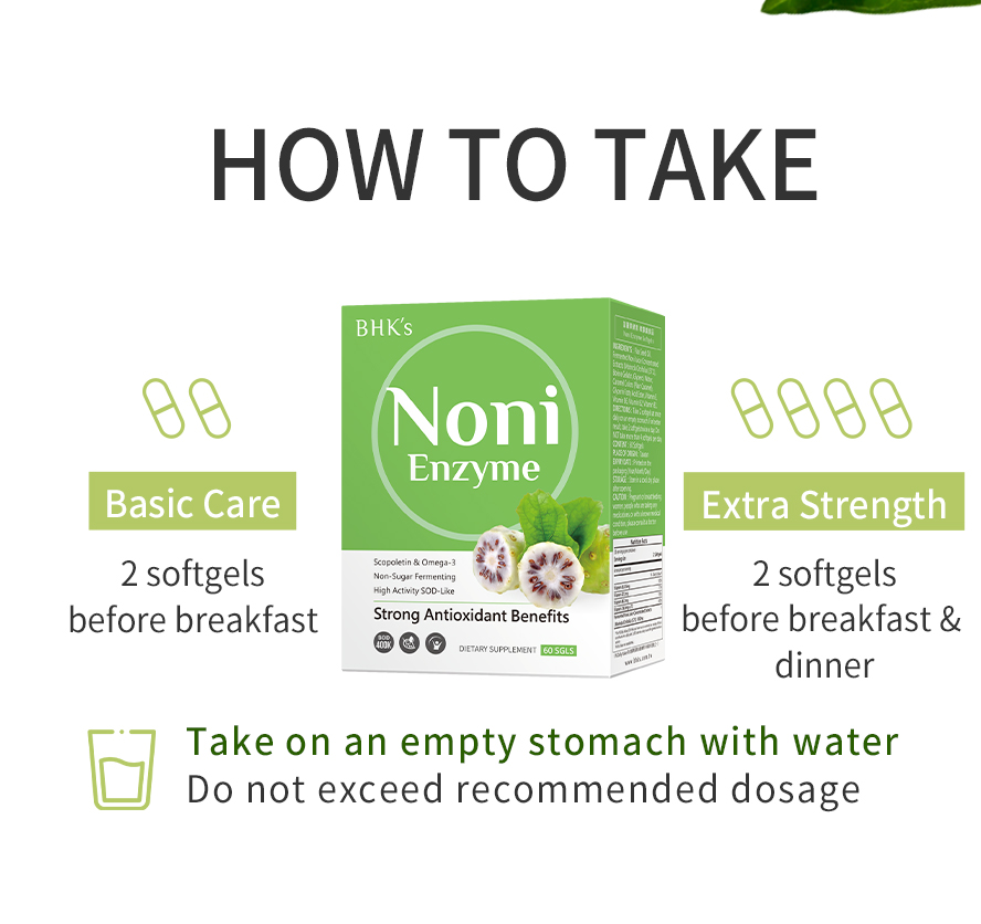 BHK's Noni Enzyme Softgels instructions on dosage for basic care and extra strength.