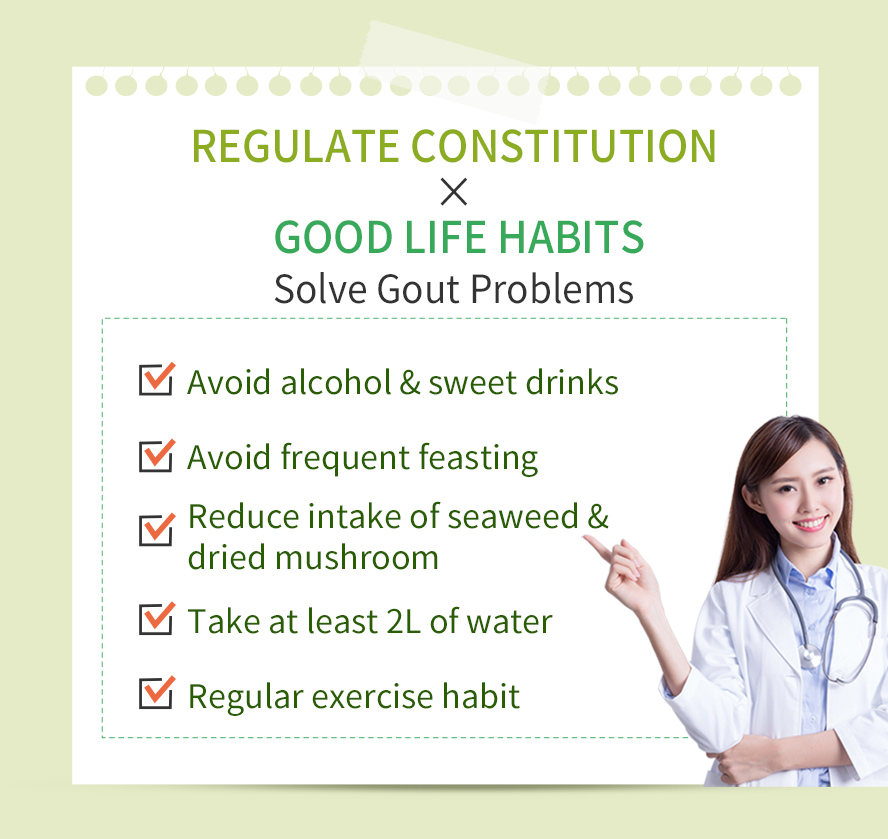 Guidelines to solve gout problems with good life habits and body contitution regulation.