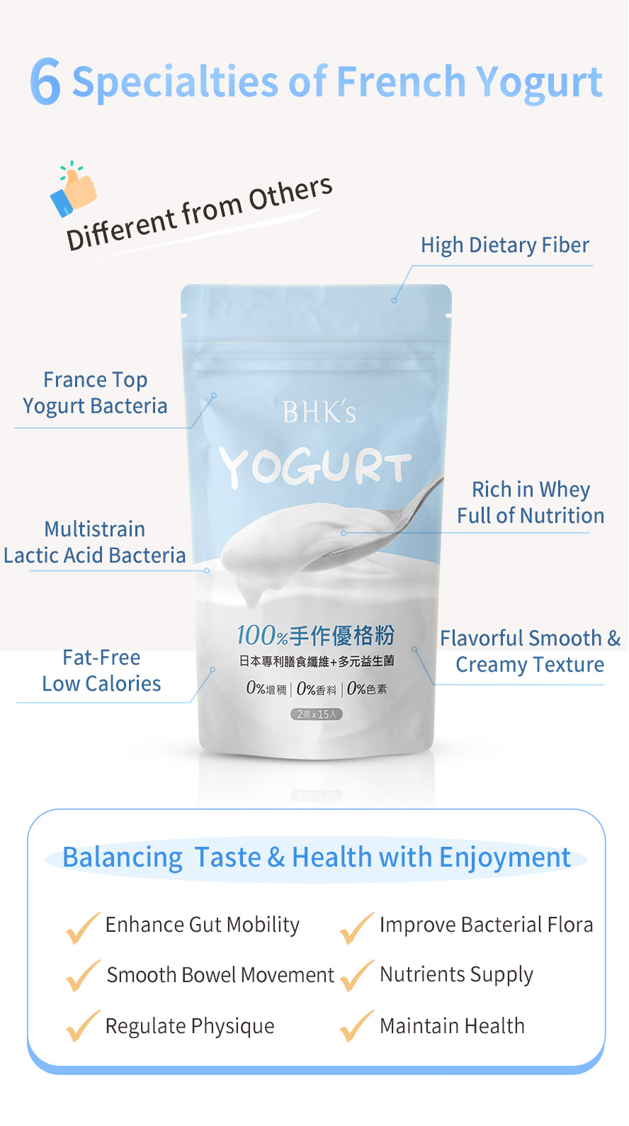 BHK's 100% Probiotic Yogurt Powder contains high dietary fiber and probiotic, improves GI tract health while enjoy low calories and flavorgul creamy texture.