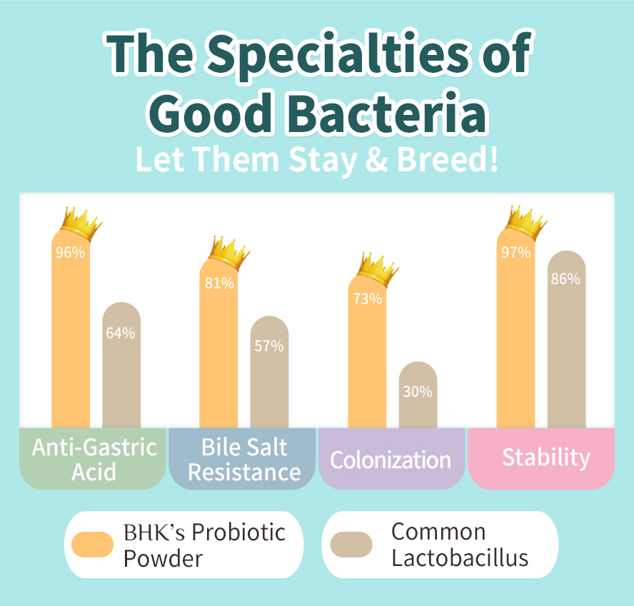 BHK's Probiotic Powder is better than normal probiotic, being more stable, more survivability and acid resistant.