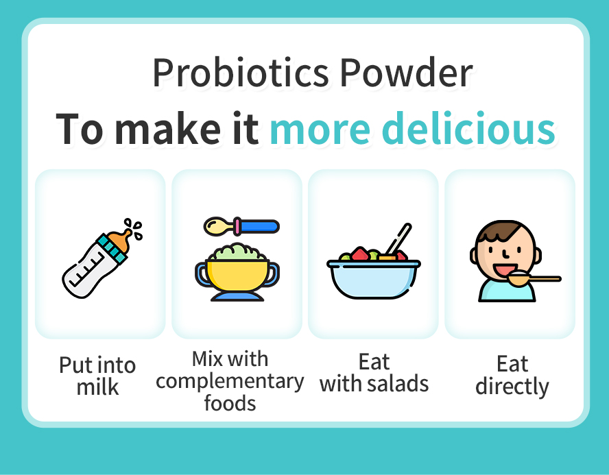 BHK's Probiotic Powder mixes easily with your baby's food and can improve baby’s long-term health.