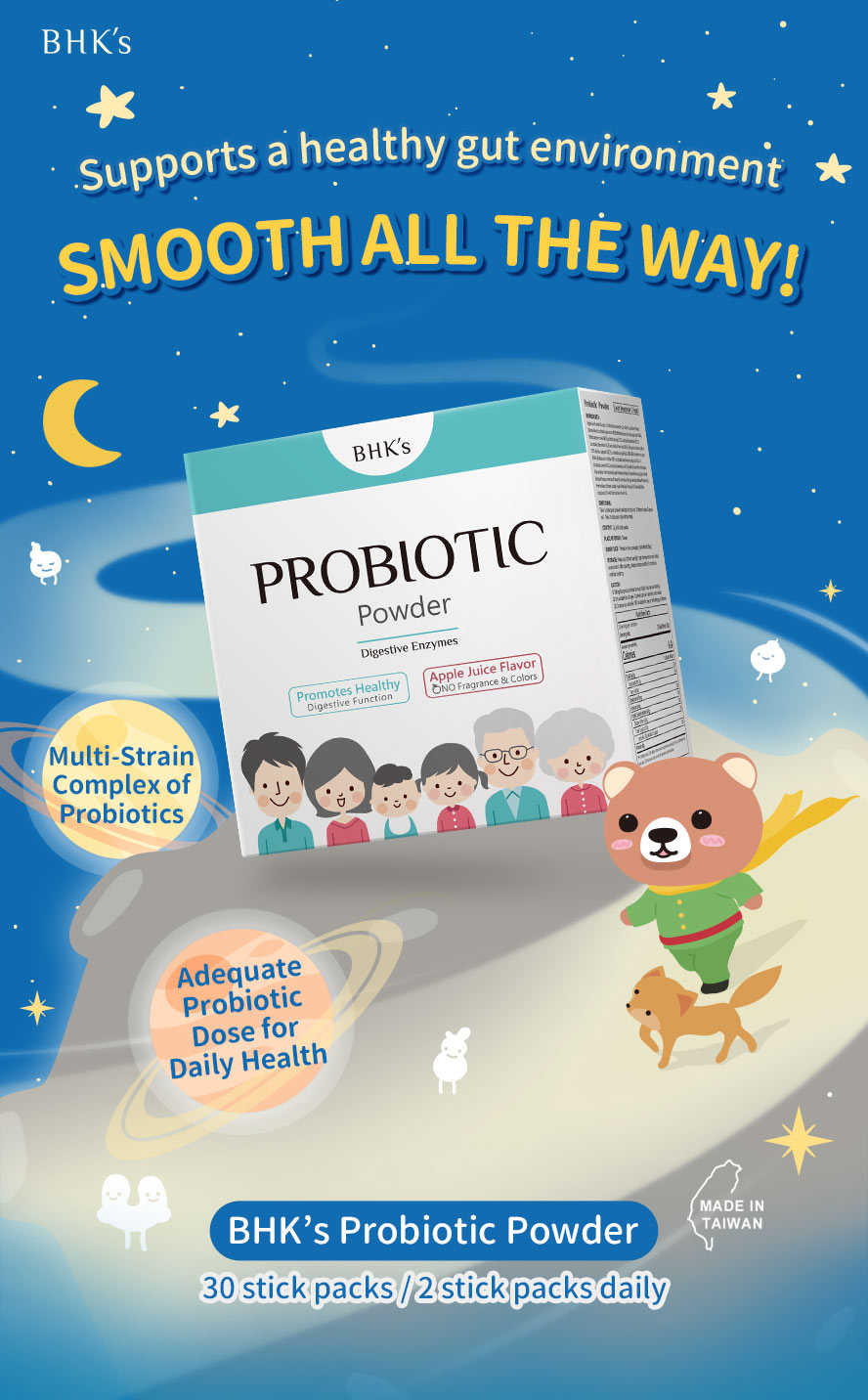 BHK’s Probiotics Powder is made for kids to boost good bacteria, keep the gut healthy, and support smooth bowel movements.