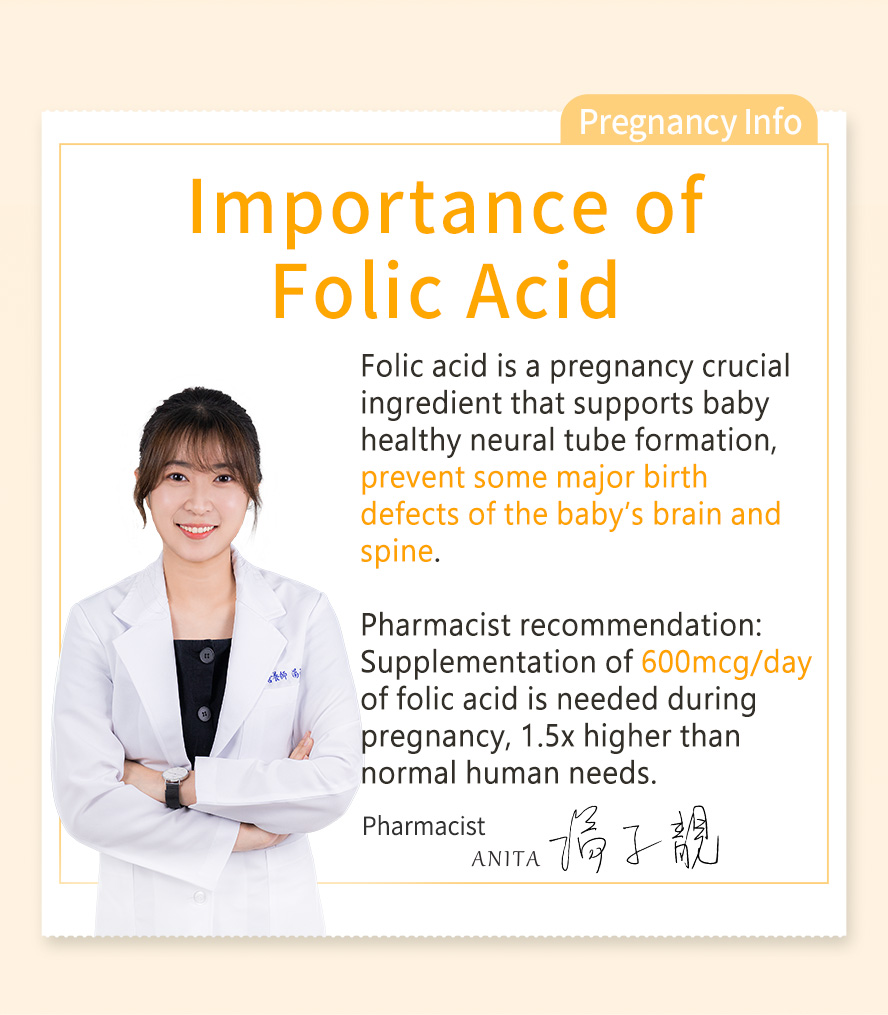 Recommended by nutritionist to start folic acid supplementation during pregnancy for baby's healthy development & growth
