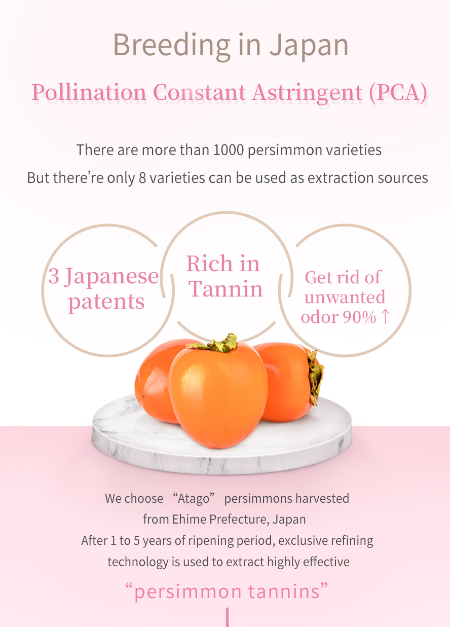 Persimmon tannins are proven to have a strong odor-eliminating effect on breath, body odor, and fecal odor.