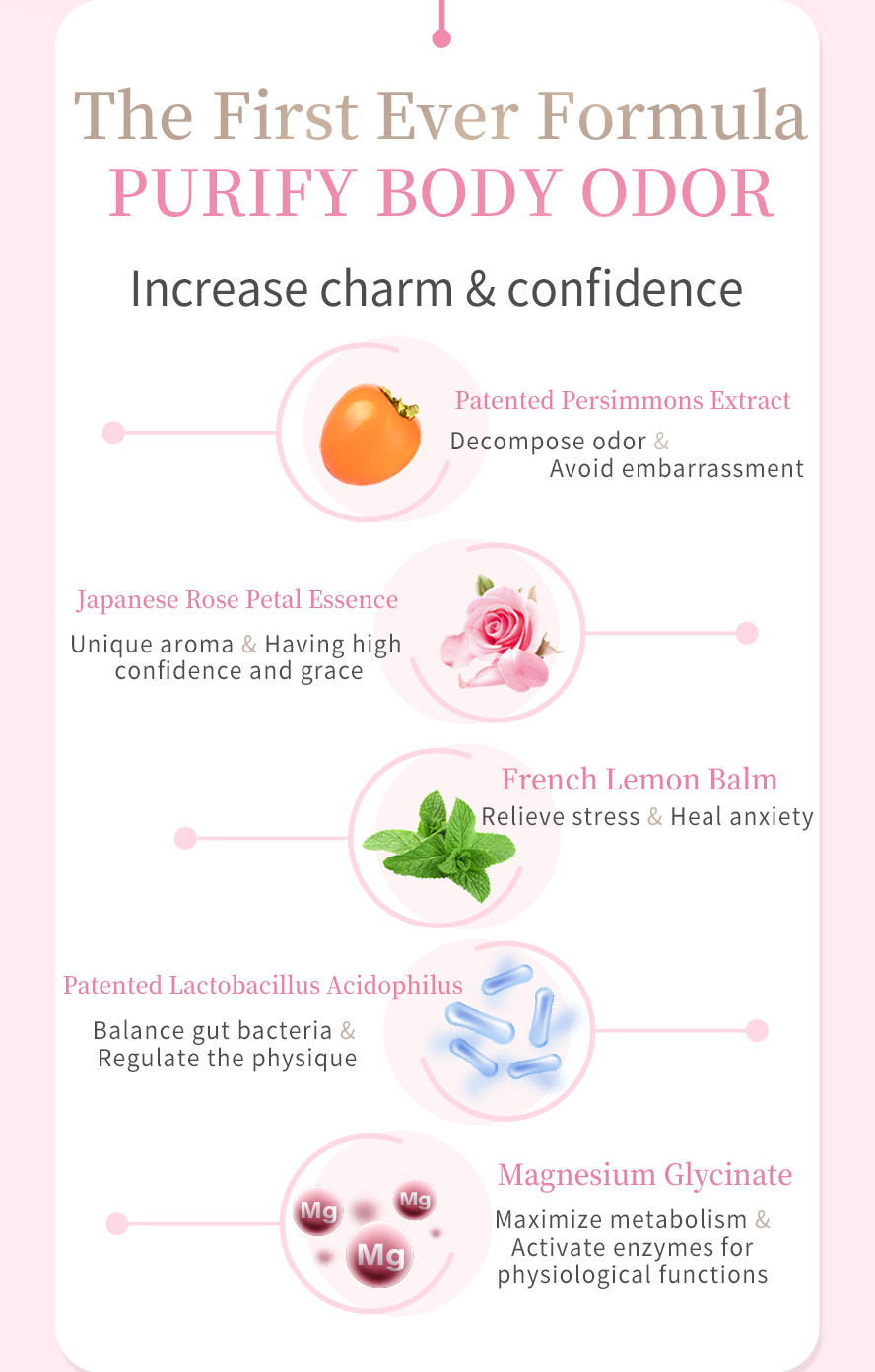 BHKs Rose Petal Extract uses persimmon extract, rose petal extract and lemon balm extract to reduce body odor.