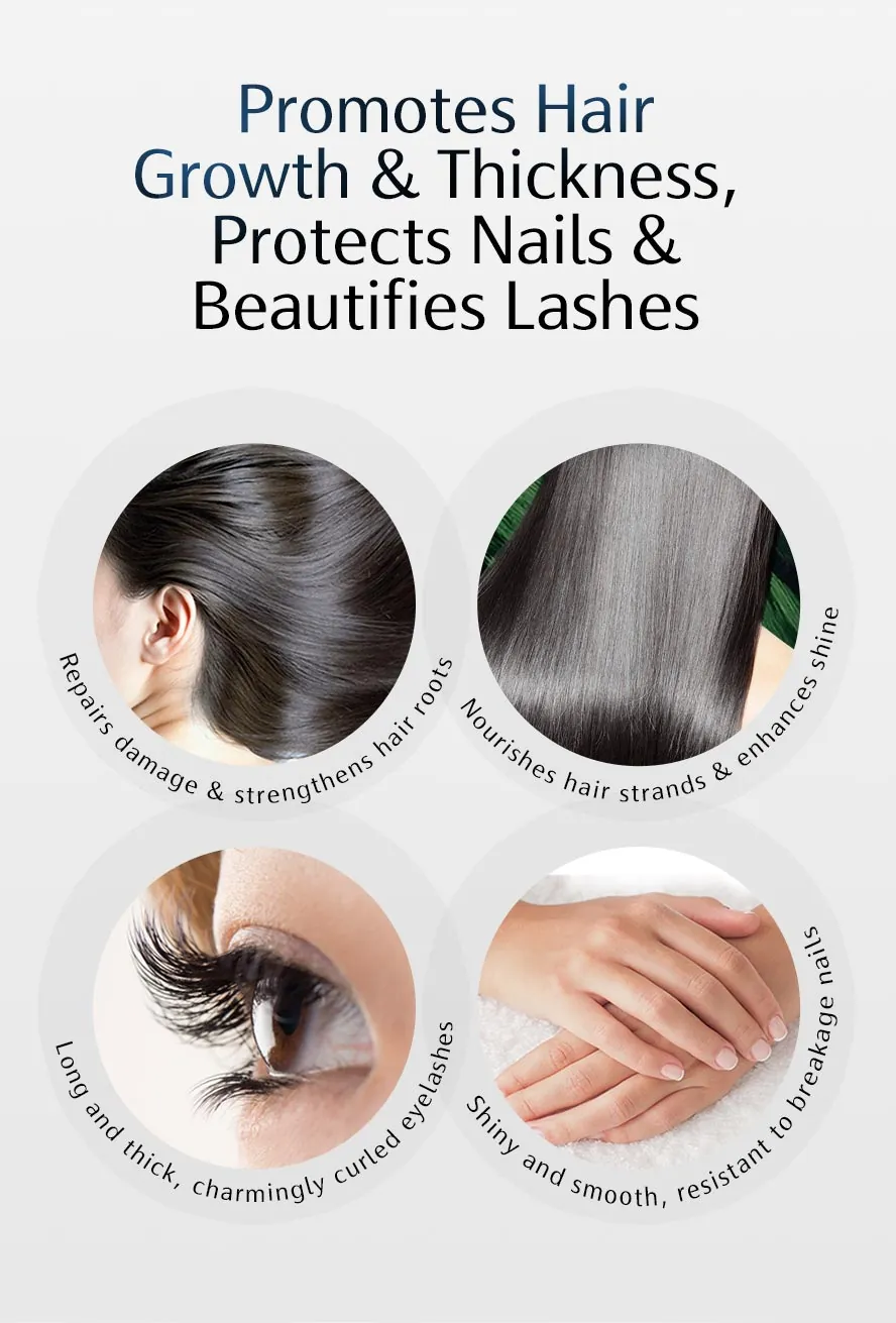 Delivers nutrients directly to roots to stimulate growth, condition strands, and enhance shine. It also helps prevent brittle nails and promotes thicker, fuller eyelashes.