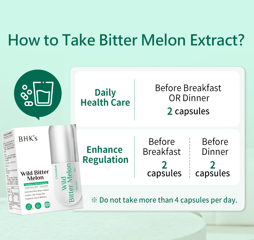 BHK's Bitter Melon EX can take as daily health care or 4 capsules a day for better blood sugar regulation, recommended as a hypoglycemic food for diabetic patients daily consumption