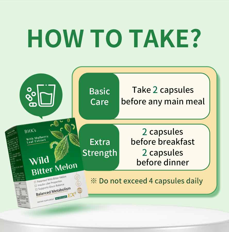How to take BHK's Patented Bitter Melon EX2? Take 2 capsules daily for general care, or 4 capsules for intensive support.