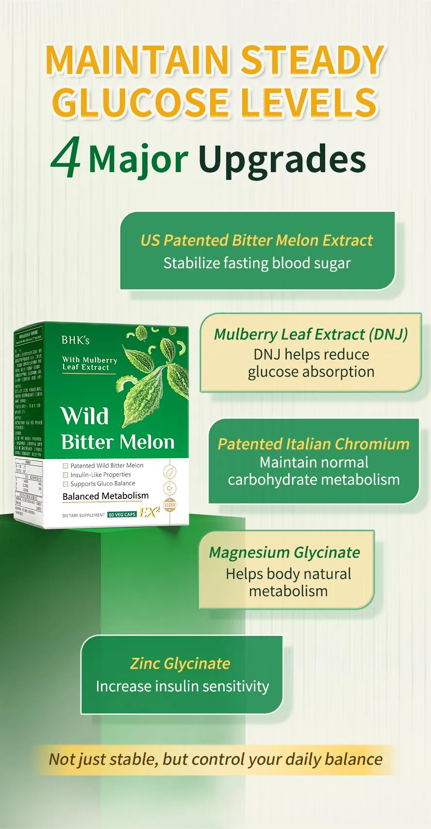 Formulated with premium wild mountain bitter melon rich in Charantin (RPA), Zinc, and Magnesium, BHK's Wild Bitter Melon EX2 offers superior efficacy compared to standard white bitter melon.