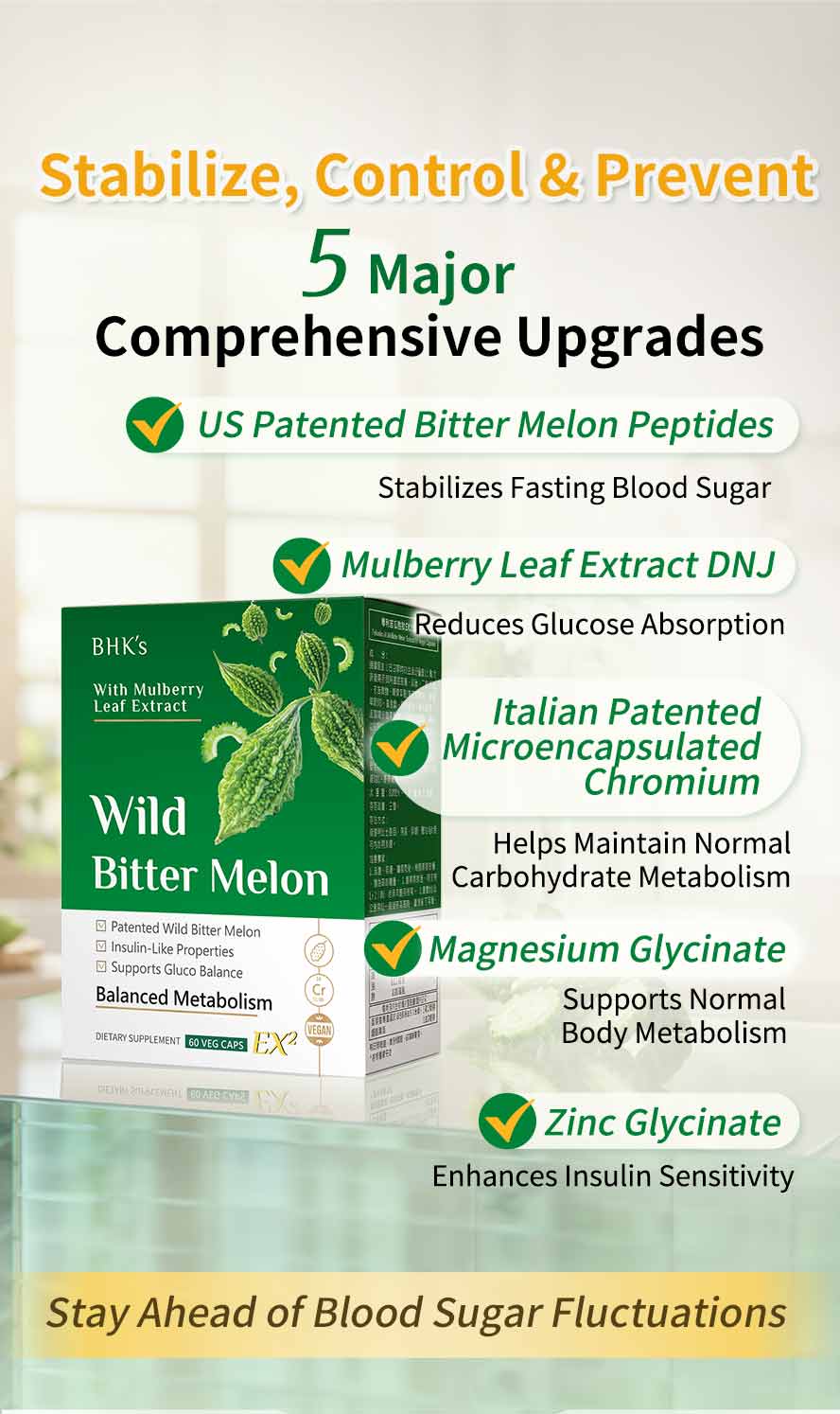 BHK's Patented Bitter Melon EX2 selects wild mountain bitter melon with added Mulberry Leaf Extract DNJ, patented chromium, zinc, and magnesium for superior results over regular bitter melon.