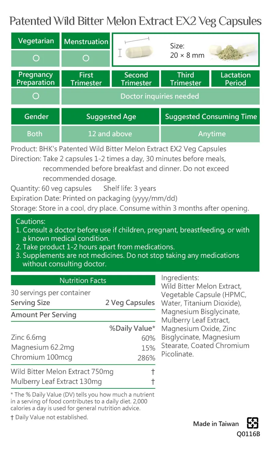 What is the recommended dosage for BHK's Wild Bitter Melon EX2? How many times should it be taken daily?