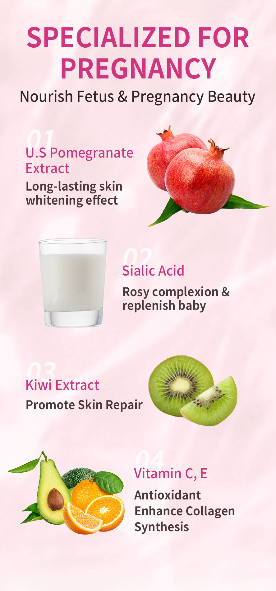 BHK's MaMa Pomegranate Extract EX uses patented promegranate extract, sialic acid, kiwi fruit extract, vitamin E, and vitamin C to help brighten skin, even skin tone, and promote healthy skin.