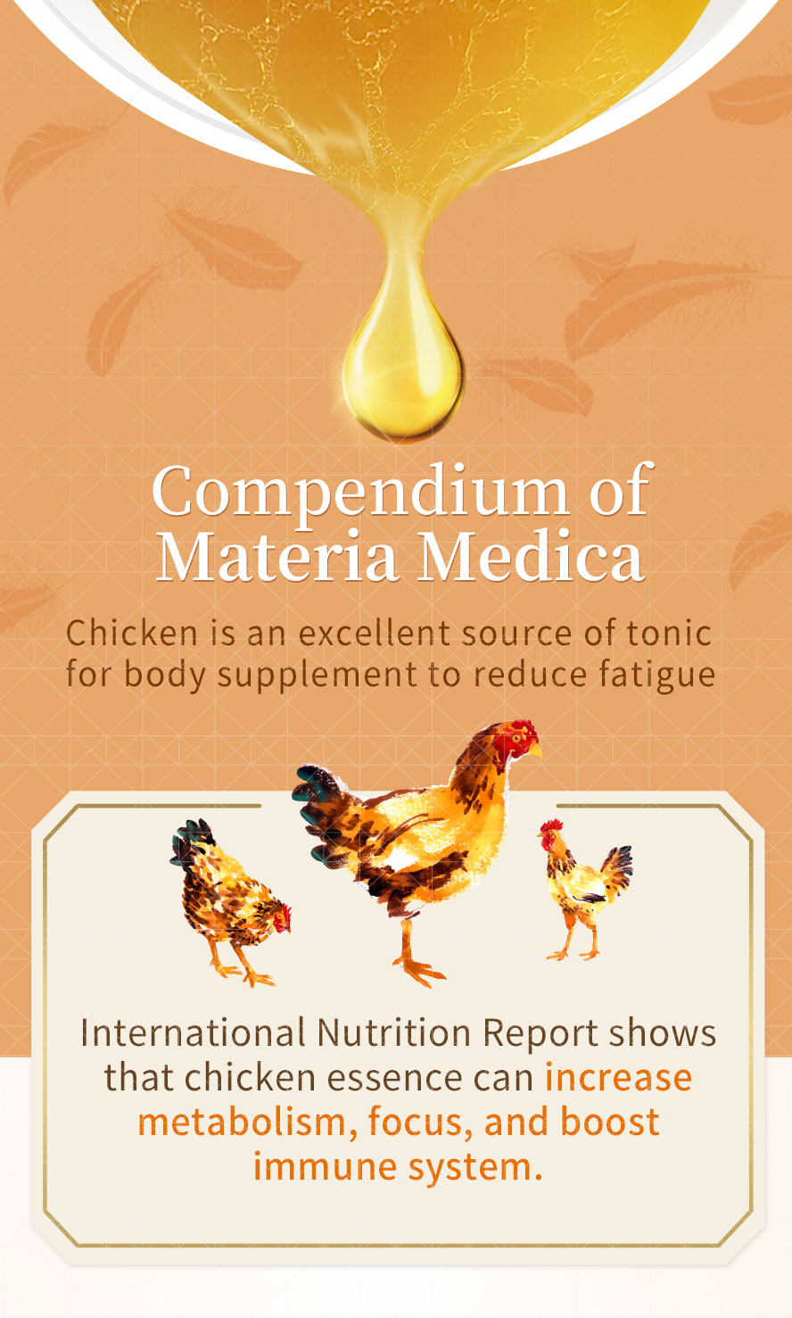 BHK essence of chicken is produced via a water extraction process from chicken for several hours under high-temperature, followed by centrifugation to remove fat and cholesterol.