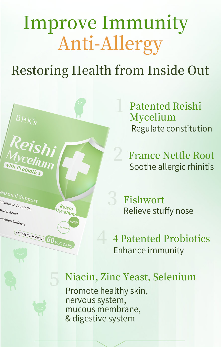 BHKs Reishi+Probiotics Capsules contains ganoderma lucidum that has more than 20% of polysaccharide, four types of probiotics, and nettle root extract.