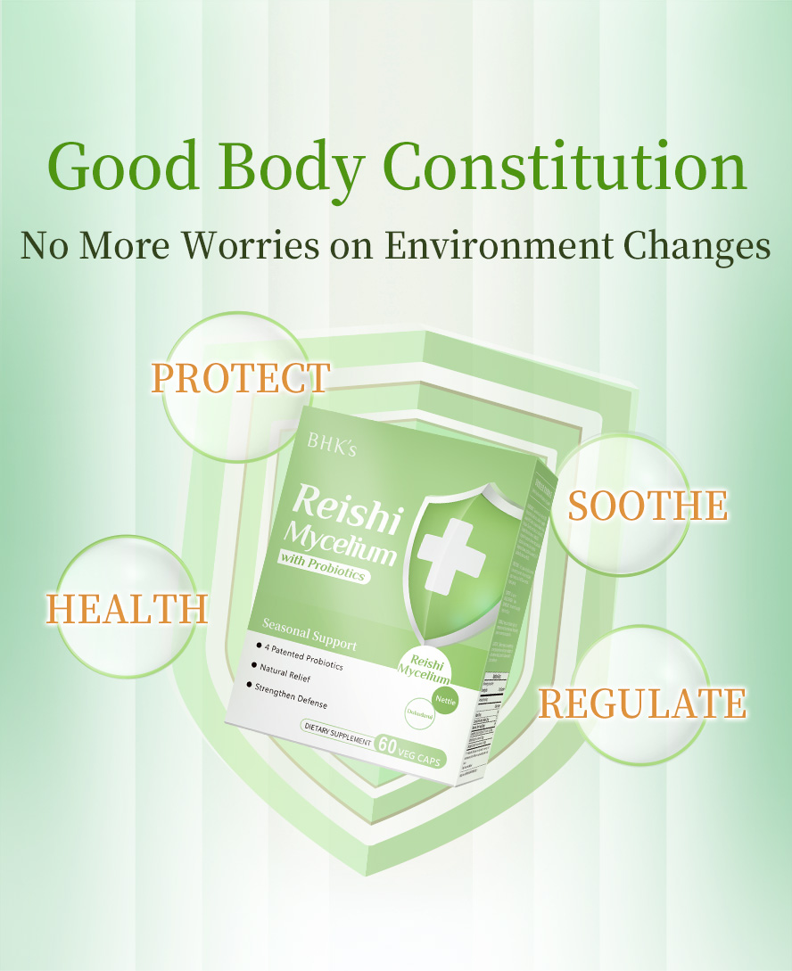 BHKs Reishi+Probiotics Veg Capsules can regulate allergic body constitution and improve strong immunity.