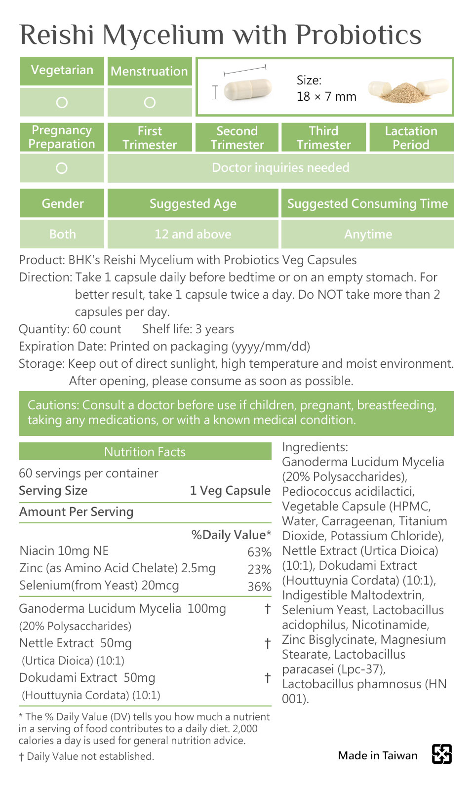 BHKs Reishi with Probiotics Veg Capsules has passed muliple safety tests, no medicine and no heavy metal, and has no side effect.