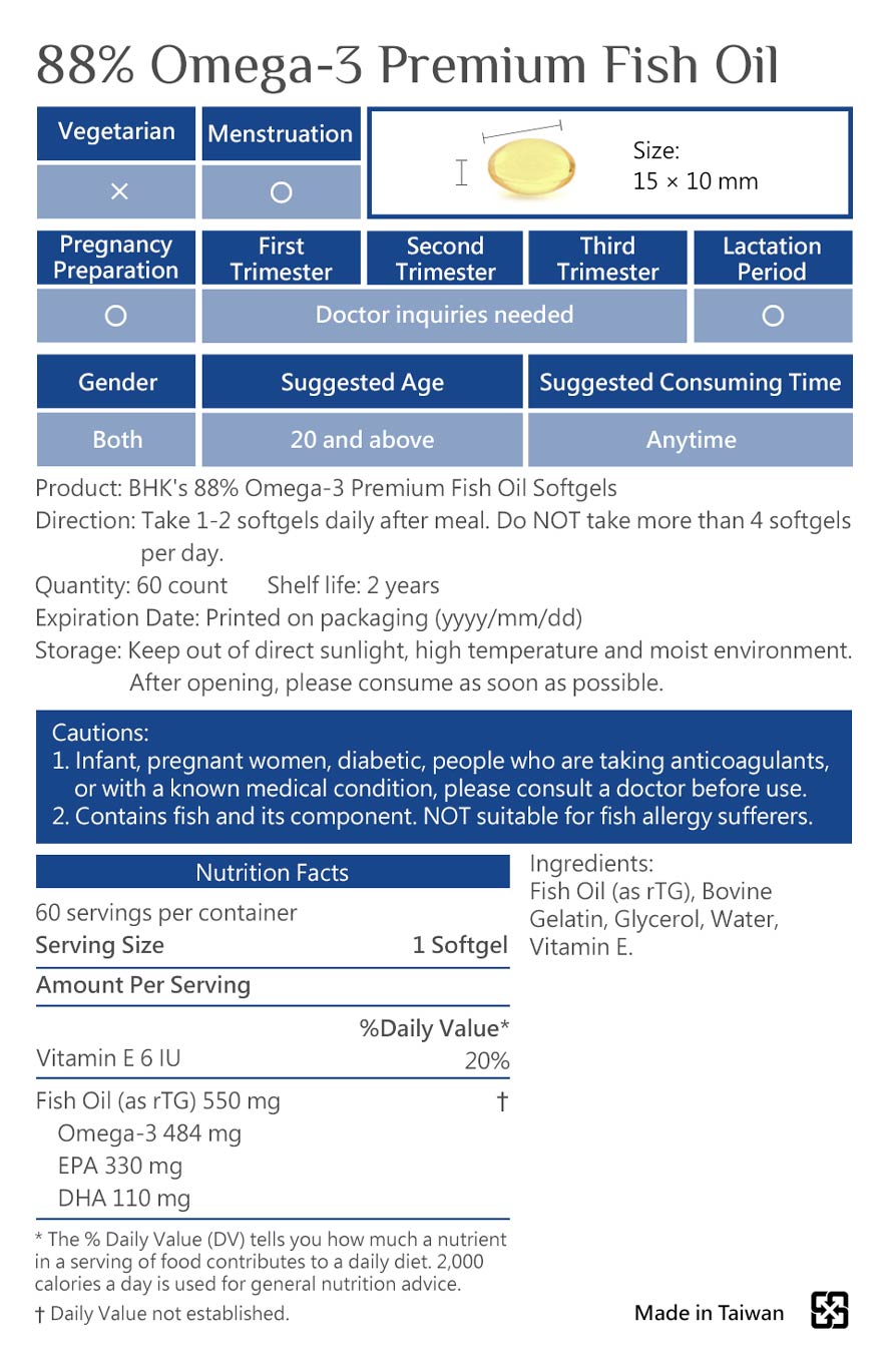 BHK's 88% top-quality fish oil carefully selects the best raw materials. All products have passed the safety inspection