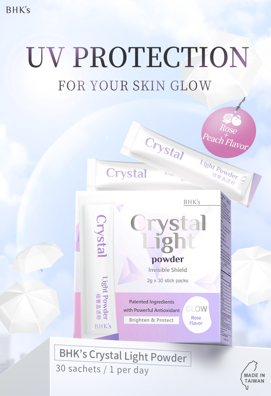 BHKs Crystal Light Powder protects skin from sun damage from the inside, prevent dark and uneven skin tone, with peach tasty flavor. 