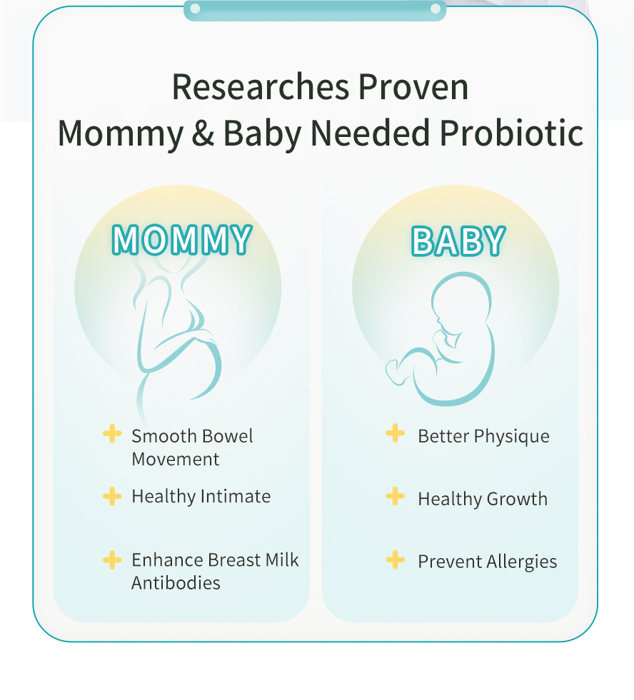 What does probiotic helps in pregnancy? It can promote smooth bowek movement, healthy intimate, and enhance breast milk antibodies for mommies; It can fetal to boost good physique, healthy growth, and prevent alergies. 