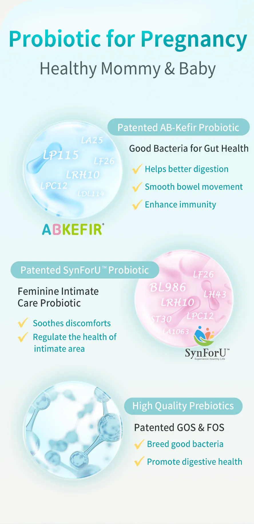 Probiotics during pregnancy support digestion, enhance intimate health, boost breast milk antibodies, and help the baby’s growth and immunity.