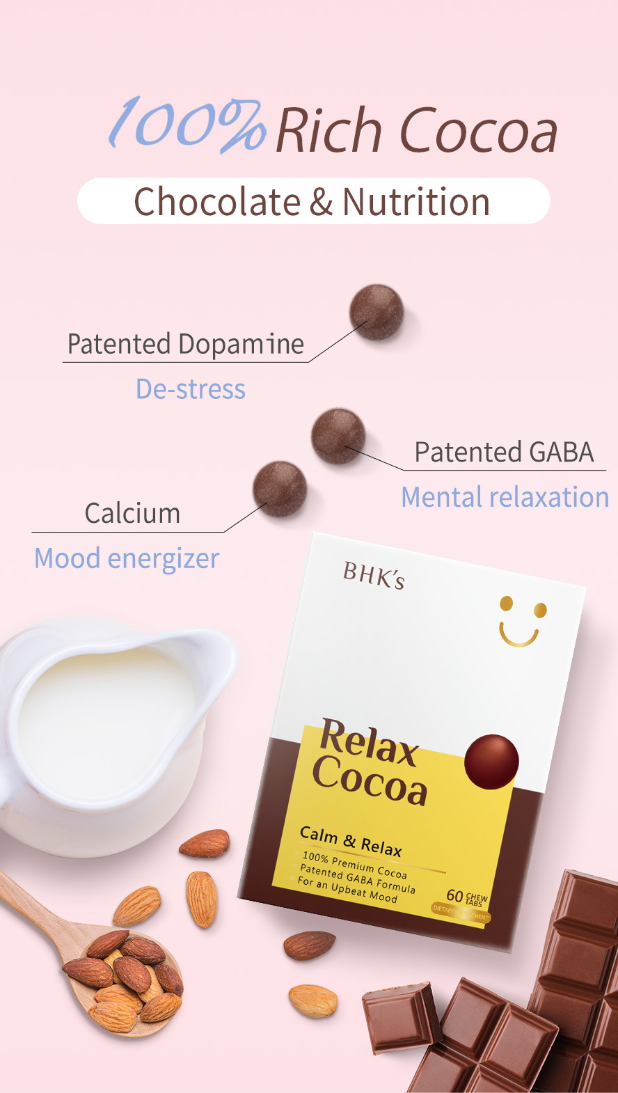 BHK's Relax Cocoa has 100% rich cocoa with patented dopamine, patented GABA, and calcium to energize, relieve stress, and promote relexation.