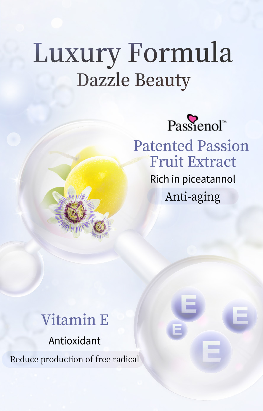 Patented passion fruit extract is rich in piceatannol which can promote youthful skin & vitamin e to reduce the produce of free radical