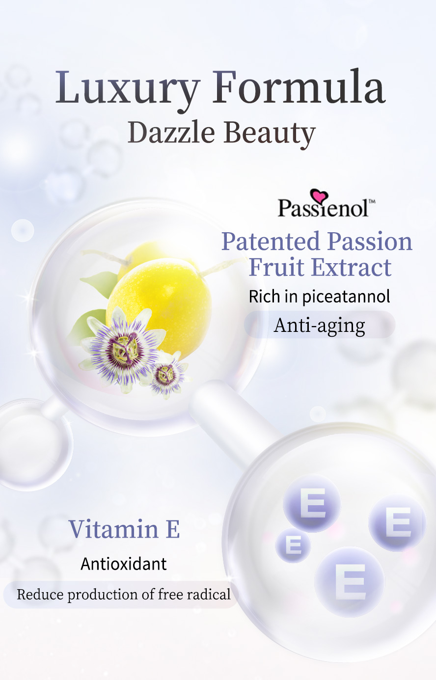 Patented passion fruit extract is rich in piceatannol which can promote youthful skin & vitamin e to reduce the produce of free radical