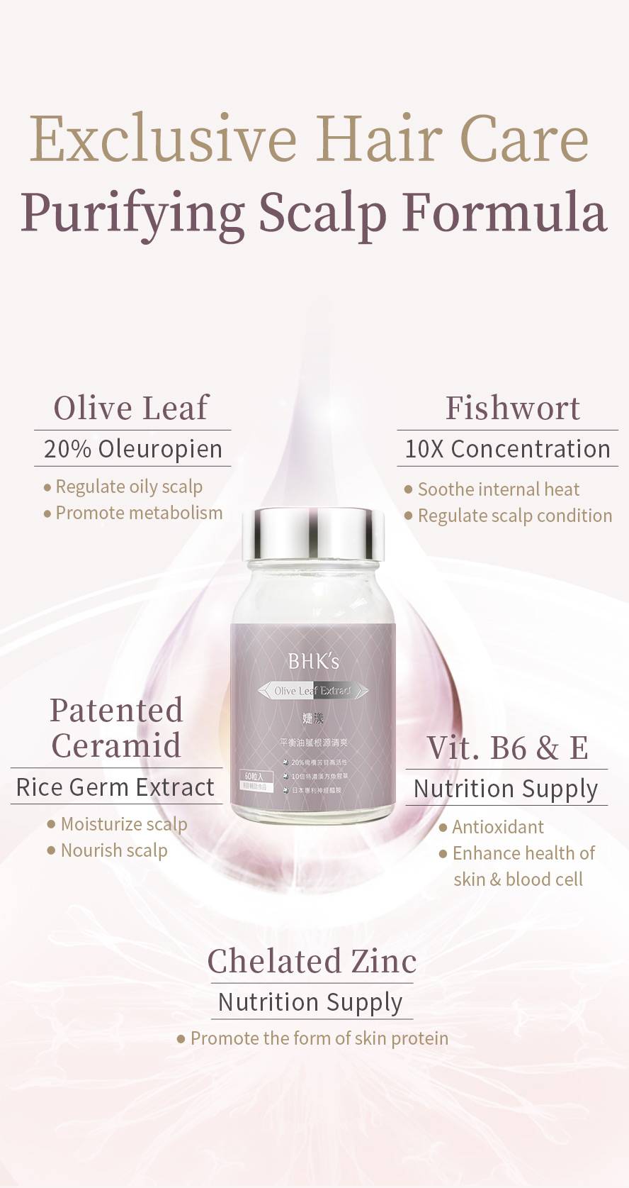 Hair care formula with olive leaf, fishwort, patented ceramid, chelated zinc, vitamin B6 & E to soothe oily scalp & nourish scalp