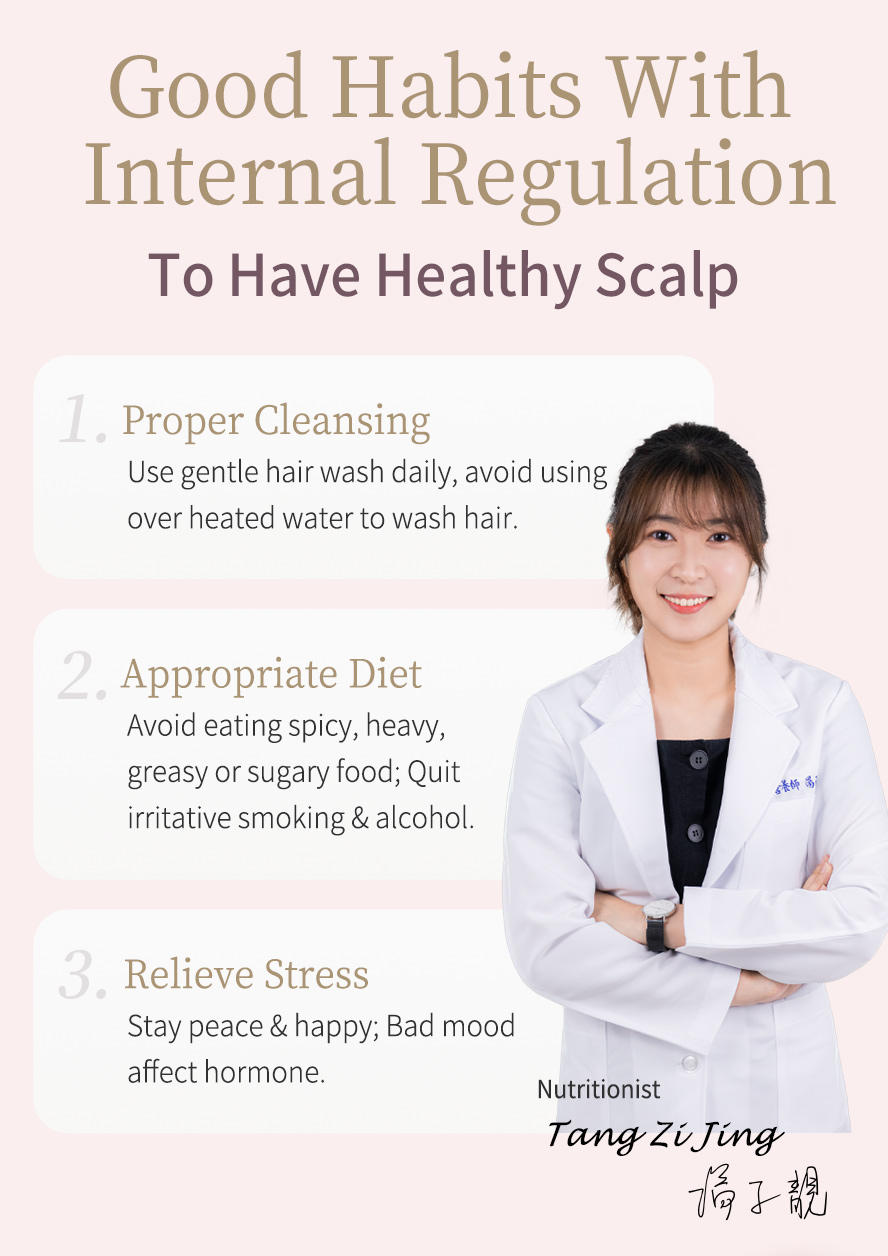 Nutritionist recommend on having proper hair cleansing routine, appropriate diet & stress relieving will help with scalp problem