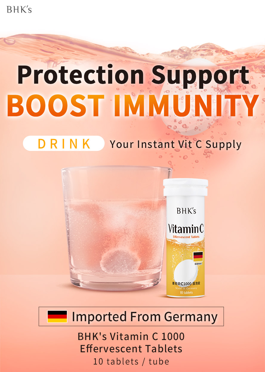 BHK's Vitamin C 1000 effervescent tablets imported from Germany for instant immunity support and protection.