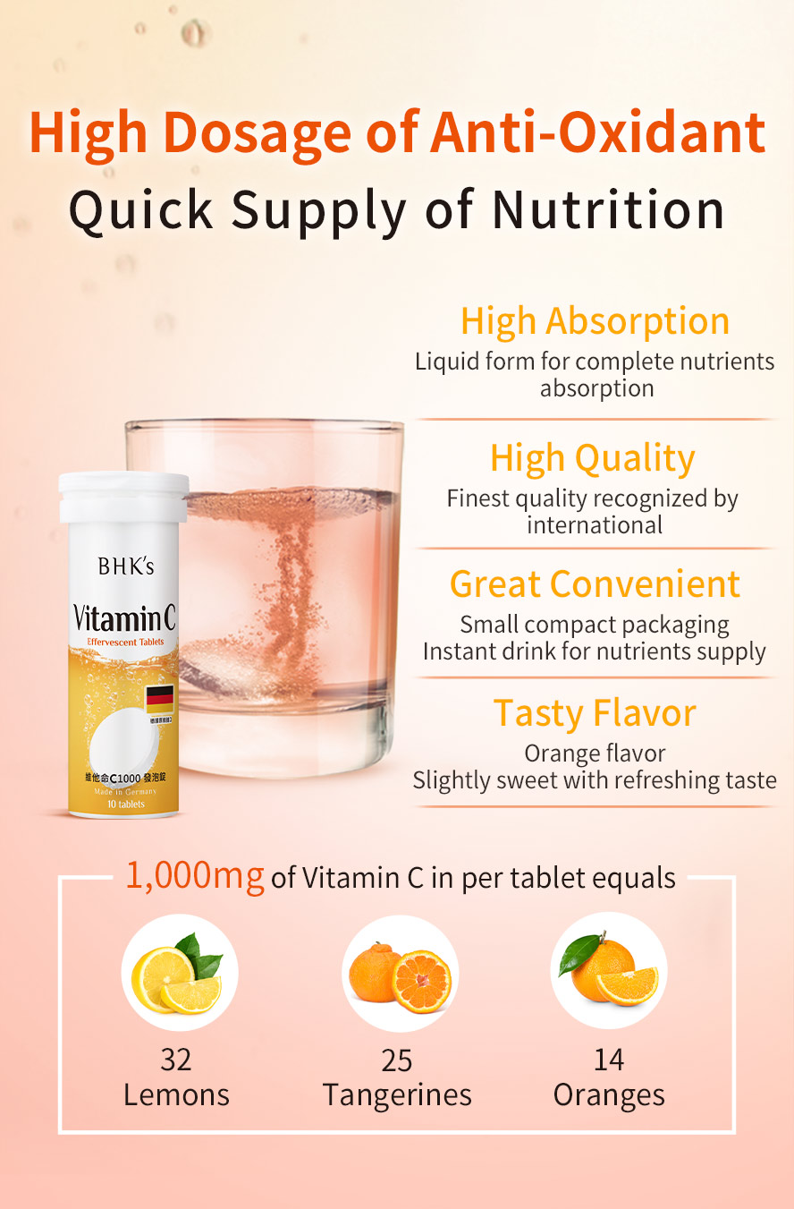 BHK's Vitamin C 1000 effervescent tablet contains 1000mg of sufficient high quality Vitamin C in high absorption liquid form and compact tablet design for you to enjoy refreshing orange flavor vVitamin C drink