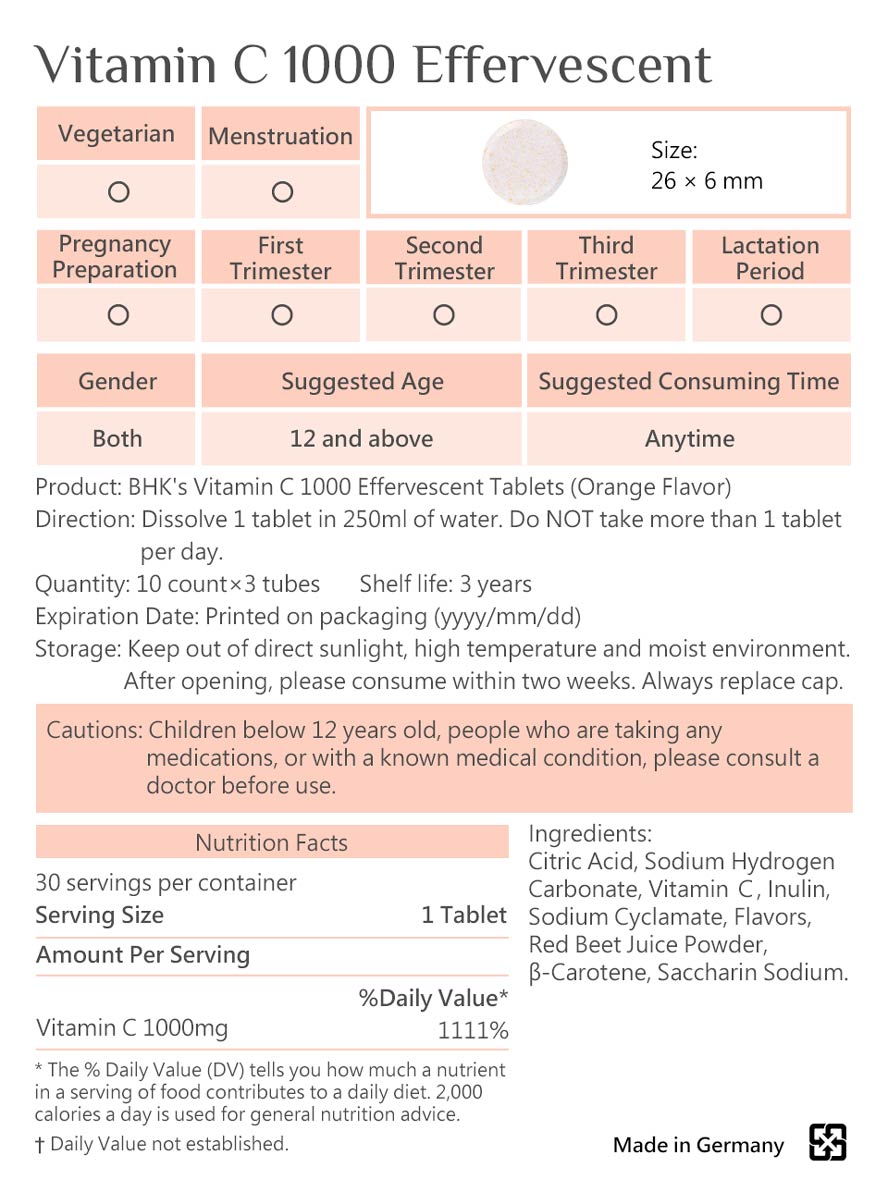 BHK's Vitamin C 1000 effervescent tablet has no caffeine and medicine, safe ingredients with guaranteed quality.