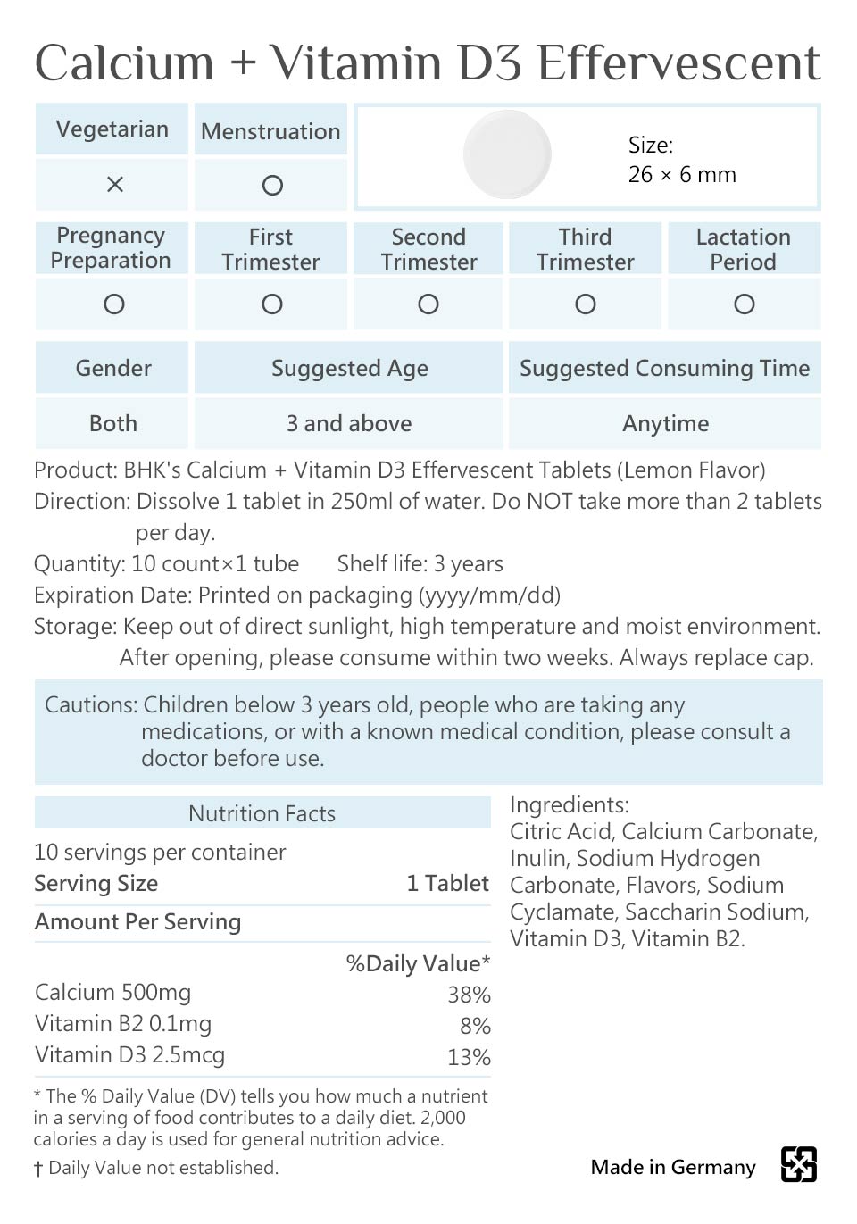 BHK's Calcium + Vitamin D3 effervescent tablet is made with finest ingredients and originally imported from Germany with guaranteed quality