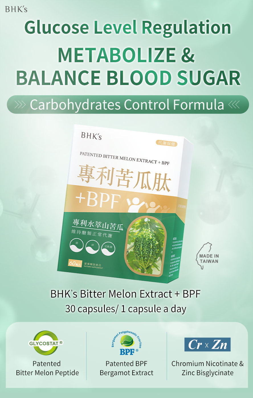 BHK's Bitter Melon Extract+BPF is specialized to balance & control blood sugar, maintain carbohtdrate metabolsim with patented ingredients