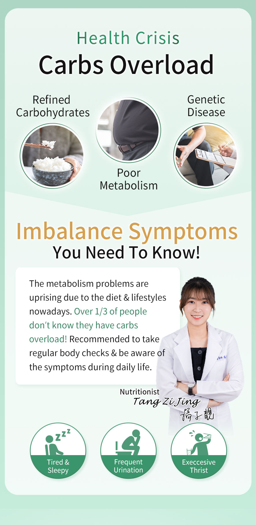 Nutritionist recommended to people have over intake of carbohydrates & having the symptoms of drowsy, frequent urination & always thirsty