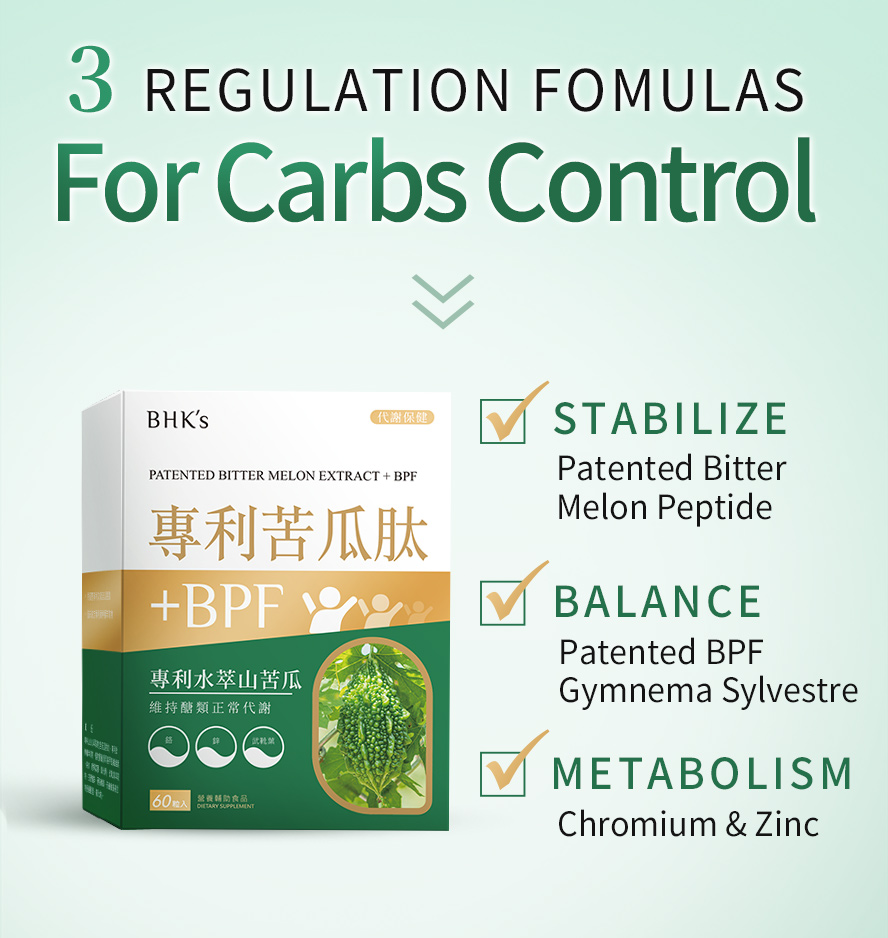 Regulation formulas for carbs control with patented bitter melon peptide, patented BPF, Gymnema Sylvestre, chromium & zinc
