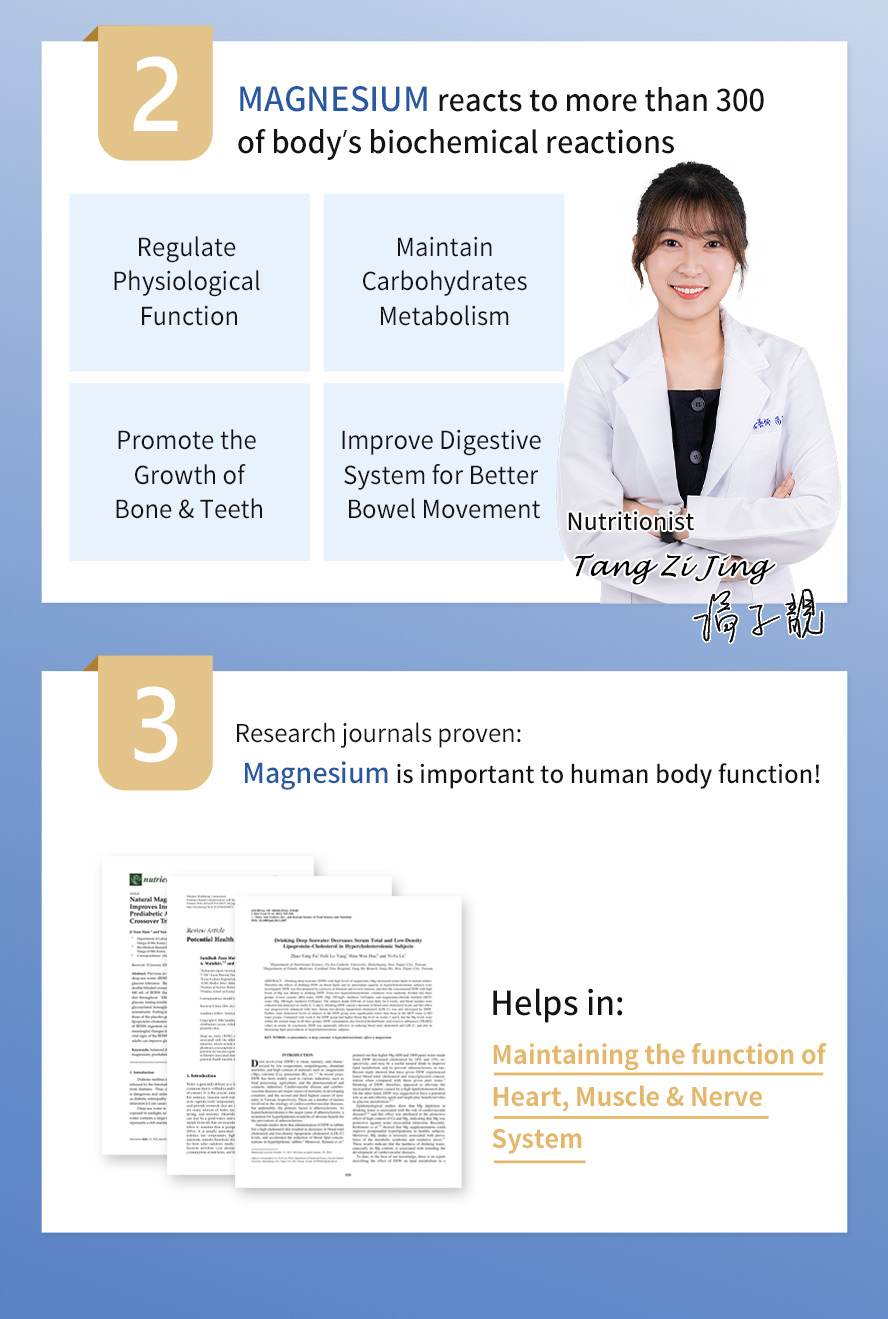 Nutritionist recommended to take BHK's Marine Magnesium as magnesium supplement; Research shows magnesium is important in maintaining the function of heart, muscles & nerve syste; Magnesium can also help in carbs carbohydrates metabolism, growth of bone & teeth and smooth bowel movement