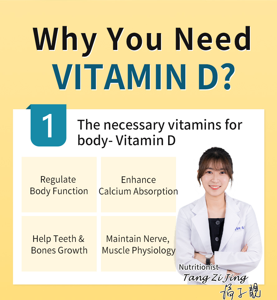 The necessary vitamins recommended by nutritionist to regulate body function, enhance calcium absorption, help teeth & bone growth, maintain nerve & muscle physiology