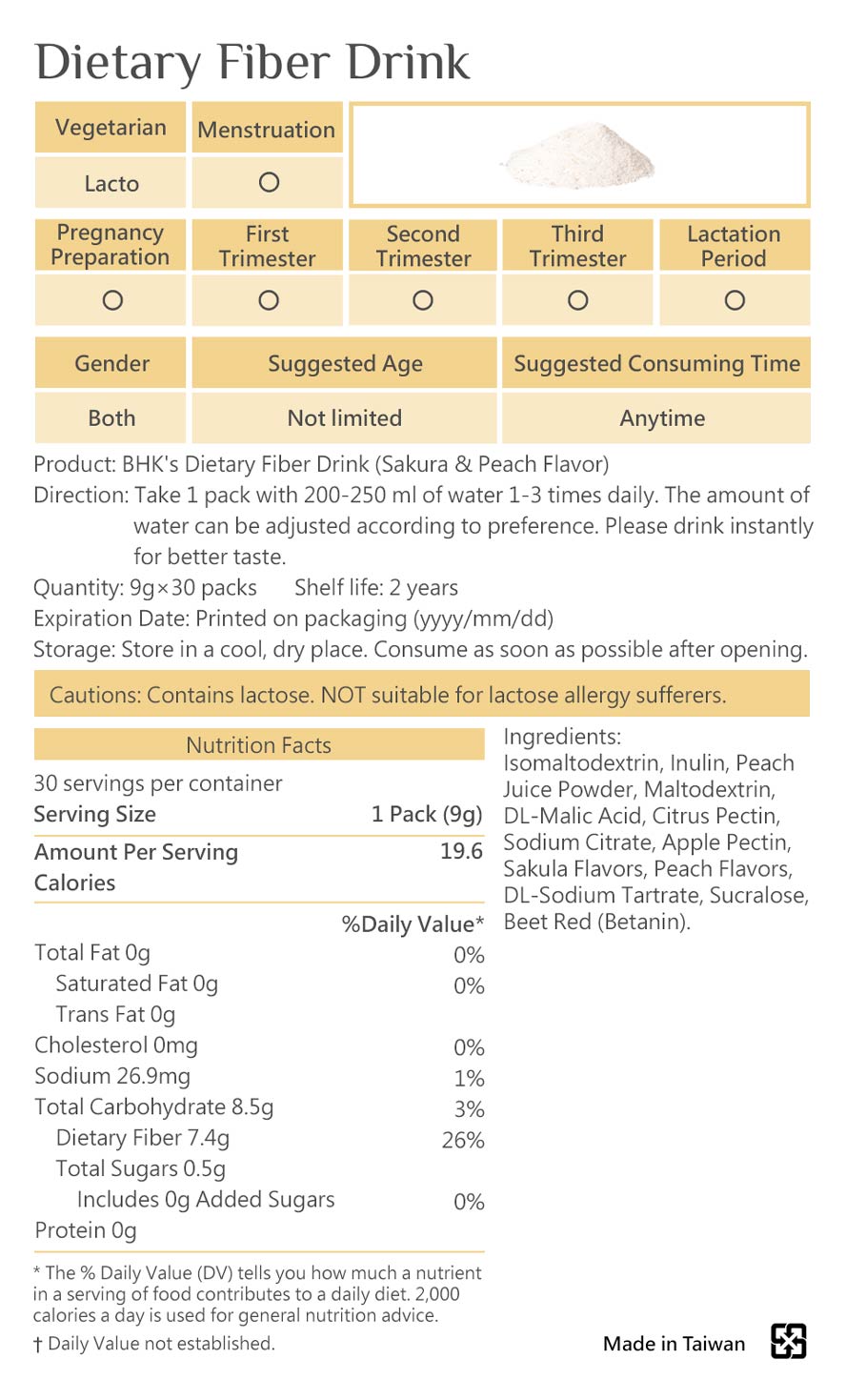 BHK's Dietary Fiber Drink has strict inspections on manufacturing it & guaranteed quality with safe, patented ingredients