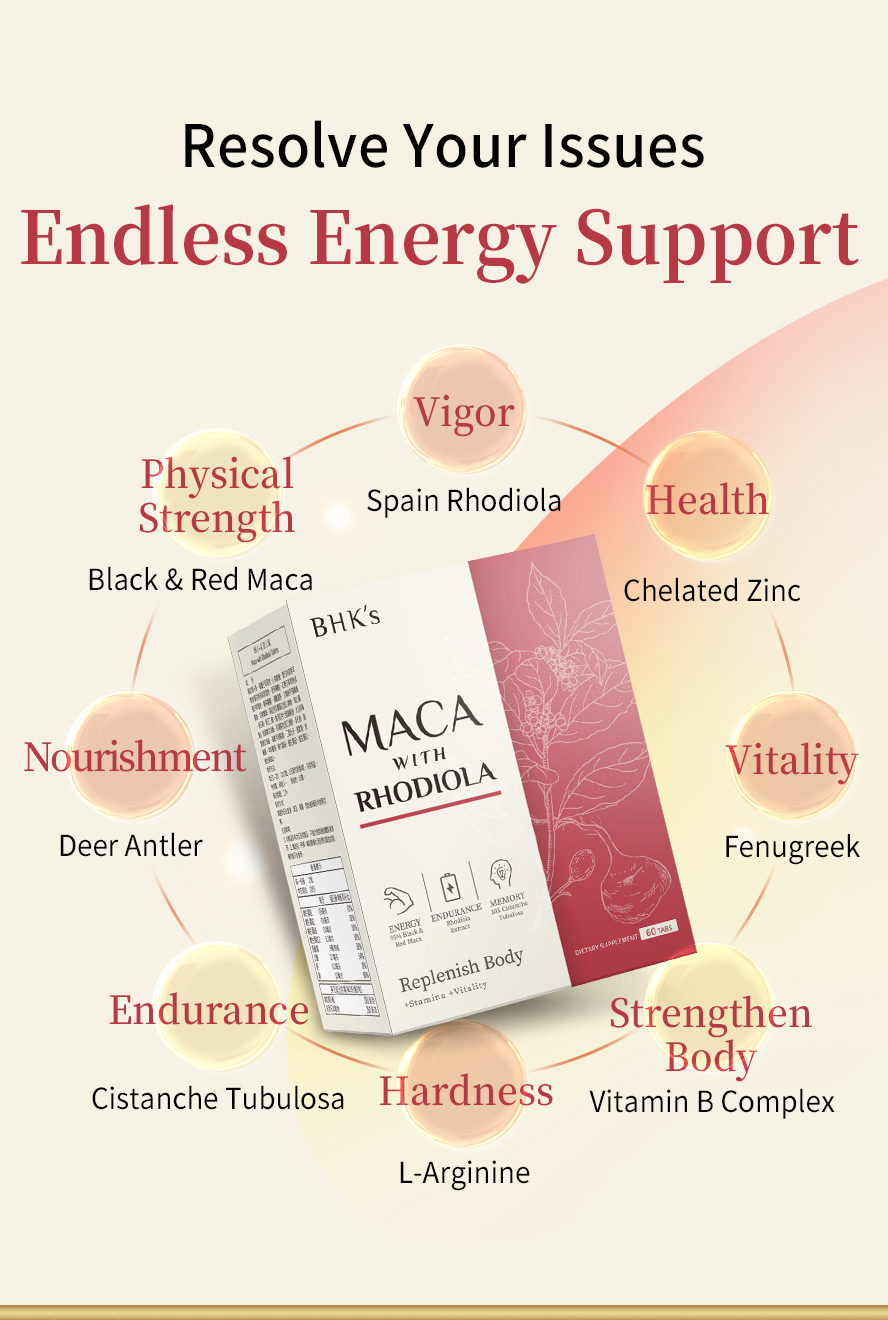 BHK's Maca with Rhodiola can nourish body for endless ebergy, strenghten body, and stamina with black and maca, rhodiola, deer antler, cistanche tubulosa, l-arginine, vitamin B-complex, zinc and fenugreek.